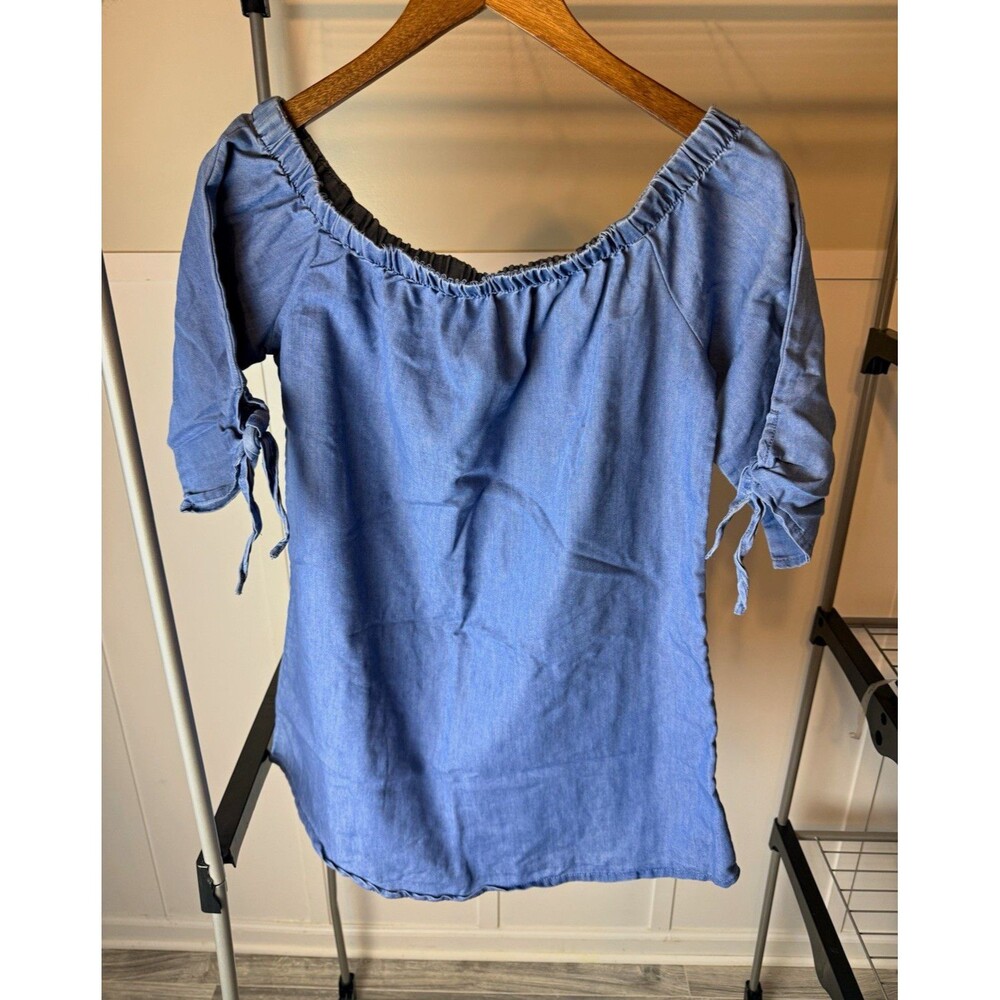 New Look Women’s Small Blue Chambray Off Shoulder Top Tie Sleeve Blouse Boho